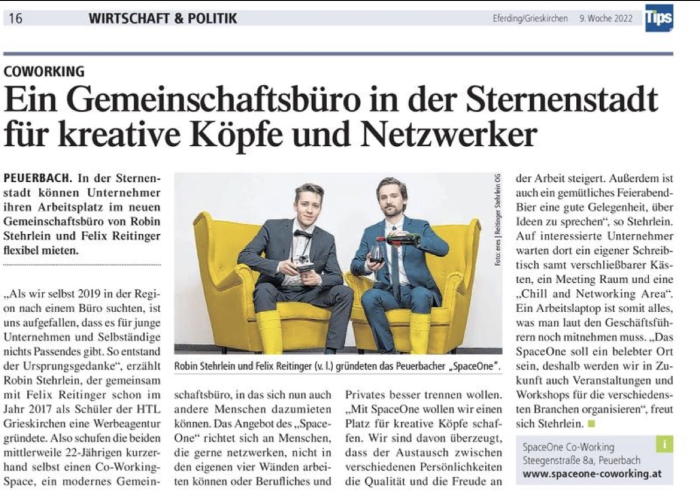 Zeitungsartikel der Tips über die Eröffnung des SpaceOne Coworking in Peuerbach, 2022